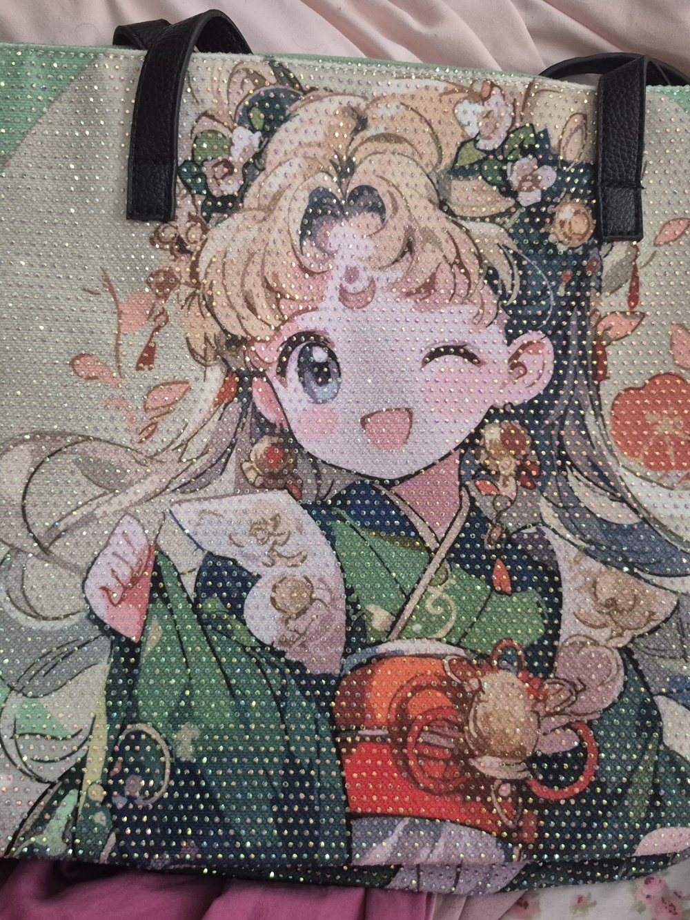 Sailor Moon Rhinestoned Green Tote Bag with Black Handles